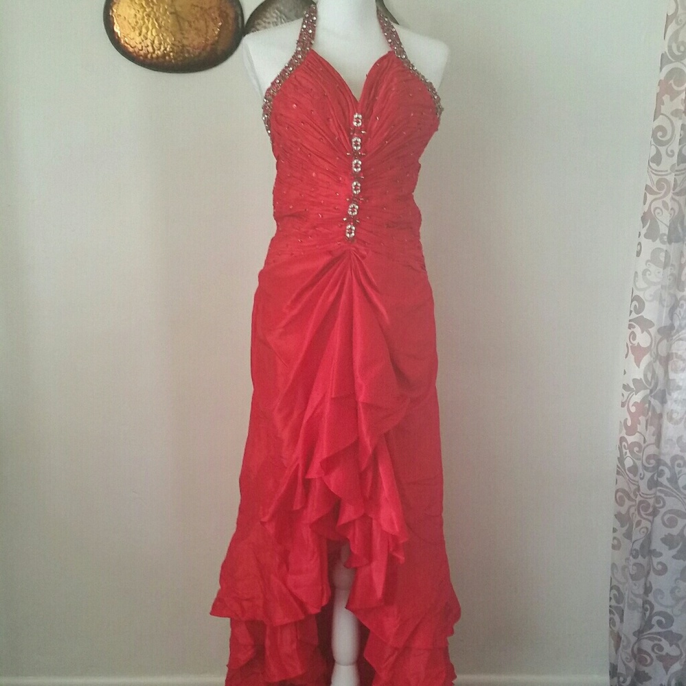 Tiffany Designs Red Jeweled Halter Prom Dress